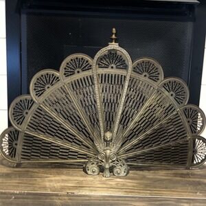 Vintage Brass Victorian Peacock Griffin Fireplace Screen Gargoyle Fan Patina